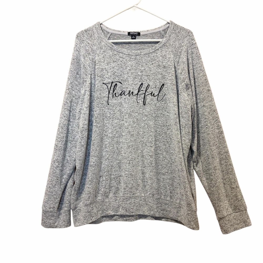 Buffalo David Bitton Sweatshirt Women XL Gray Thankful Graphic Soft Pullover